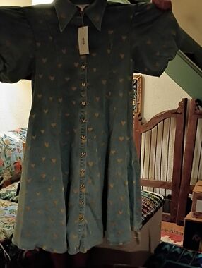 La Boheme Jean Material Button-Front Casual Dress with Gold Heart Print